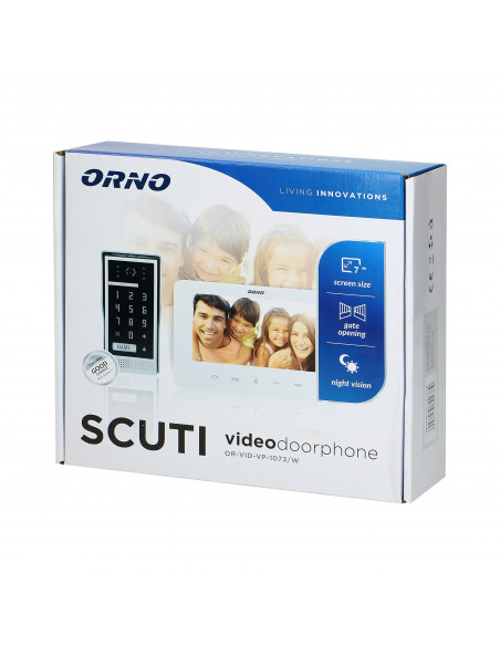 Zestaw wideodomofonowy, bezsłuchawkowy, kolor, LCD 7", interkom, z szyfratorem, natynkowy, biały, SCUTI