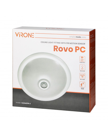 ROVO PC, plafon oświetleniowy z czujnikiem ruchu 360st, 2x40W, E27, IP20, policarbon mleczny