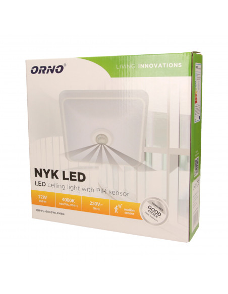 NYK LED 12W, plafon z czujnikiem ruchu, 850lm, IP20, 4000K, poliwęglan mleczny, biały