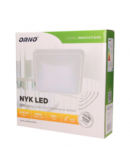 NYK LED 12W, plafon z mikrofalowym czujnikiem ruchu, 850lm, IP20, 4000K, poliwęglan mleczny, biały