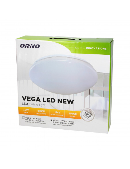 VEGA - MV LED NEW 12W plafon oświetleniowy z mikrofalowym czujnikiem ruchu, 840lm, IP44, 4000K, PMMA+stal