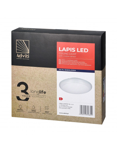  LAPIS LED 12W, plafon oświetleniowy z mikrofalowym czujnikiem ruchu,  800lm, IP65, 4000K, IK10, poliwęglan mleczny,...