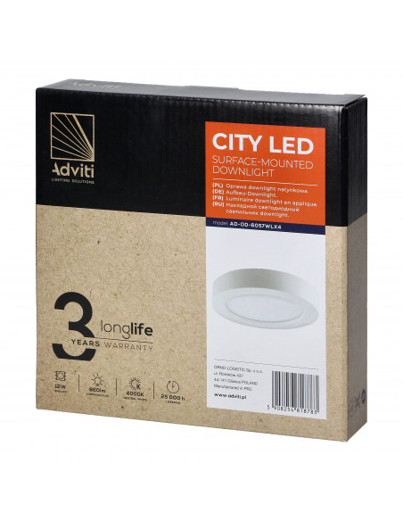 CITY LED 12W, oprawa downlight, natynkowa, okrągła, 780lm, 4000K, biała, wbudowany zasilacz LED