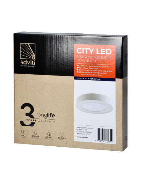CITY LED 18W, oprawa downlight, natynkowa, okrągła, 1300lm, 4000K, biała, wbudowany zasilacz LED

