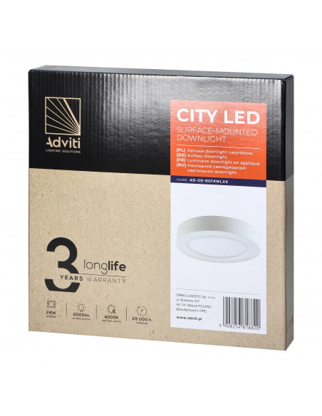 CITY LED 24W, oprawa downlight, natynkowa, okrągła, 1900lm, 4000K, biała, wbudowany zasilacz LED