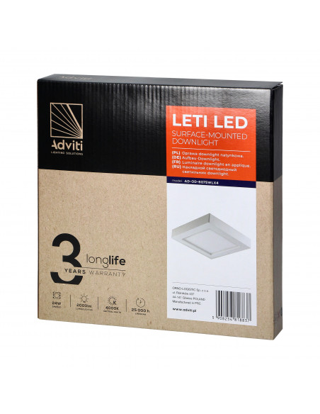 LETI LED 24W, oprawa downlight, natynkowa, kwadratowa, 1900lm, 4000K, biała, wbudowany zasilacz LED