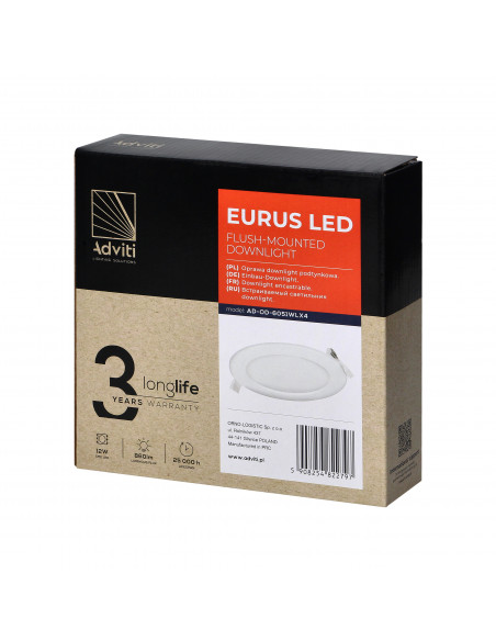 EURUS LED 12W, oprawa downlight, podtynkowa, okrągła, 860lm, 4000K, biała, wbudowany zasilacz LED
