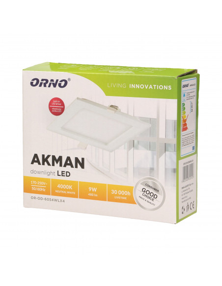 AKMAN LED 9W, oprawa downlight, podtynkowa, kwadratowa, 480lm, 4000K, biała, wbudowany zasilacz LED