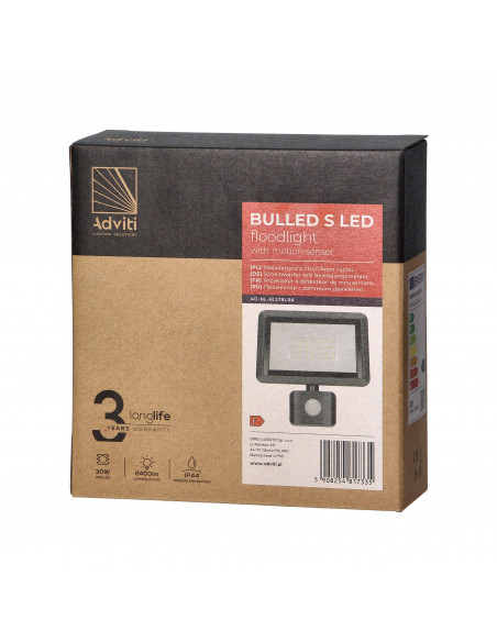 BULLED S 30W naświetlacz z PIR, 2400lm, IP44, 4000K, aluminium + szkło
