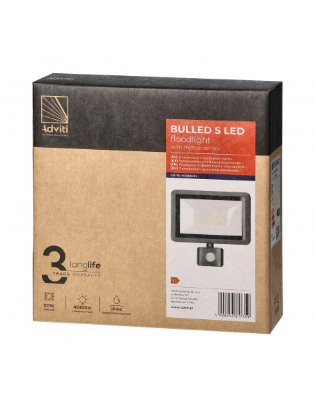 BULLED S 50W naświetlacz z PIR, 4000lm, IP44, 4000K, aluminium + szkło