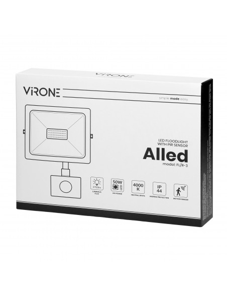 ALLED 50W Naświetlacz LED z PIR, 4000lm, IP44, 4000K, Alu+szkło