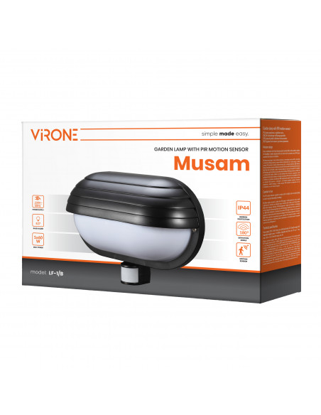 MUSAM, oprawa ogrodowa z czujnikiem ruchu 180°, 1x60W, E27, IP44, z przesłoną, plastik, czarna