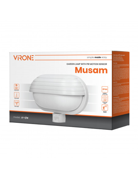 MUSAM, oprawa ogrodowa z czujnikiem ruchu 180°, 1x60W, E27, IP44, z przesłoną, plastik, biała