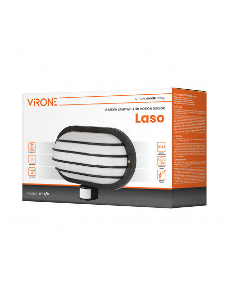 LASO, oprawa ogrodowa z czujnikiem ruchu 180°, 1x60W, E27, IP44, plastik, czarna