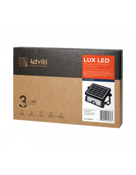 LUX LED 5W, naświetlacz solarny z czujnikiem ruchu 500lm, IP65, 4000K, 2x1500mAh, czarny