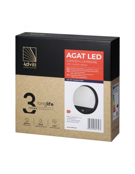 AGAT LED 15W, oprawa ogrodowa z czujnikiem ruchu, 140st, 1100lm, IP54, 4000K, czarna