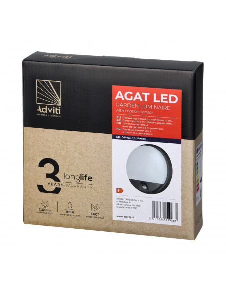 AGAT LED 15W, oprawa ogrodowa z PIR, 1100lm, IP54, 4000K, szara
