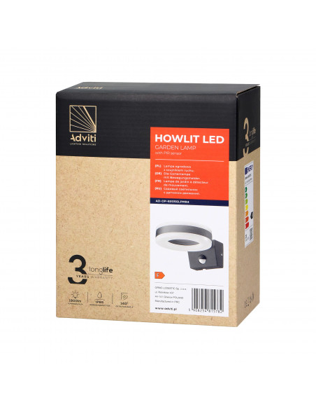 HOWLIT LED 20W, oprawa ogrodowa z czujnikiem ruchu, 1800lm, IP65, 4000K, szara