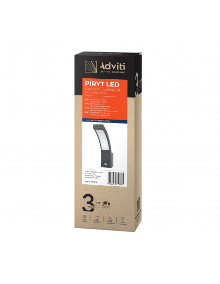 PIRYT LED 10W, oprawa ogrodowa z czujnikiem ruchu 140st, 800lm, IP54, 4000K, szara