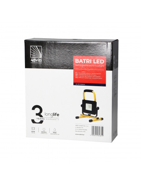 BATRI LED 20W, Naświetlacz roboczy, przenośny z akumulatorem, 1600lm, IP65, 6500K, 4400mAh