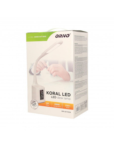 KORAL LED 6W, lampka biurkowa z pojemnikiem na długopisy i budzikiem, 200lm, 4000K, biała