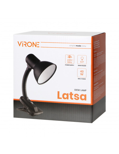 LATSA, lampa biurkowa z klipsem, 40W, E27, stal + tworzywo, czarna