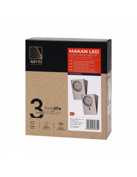 Zestaw opraw podszafkowych LED 2,5W, 180lm, 4000K, z wyłącznikiem bezdotykowym, INOX