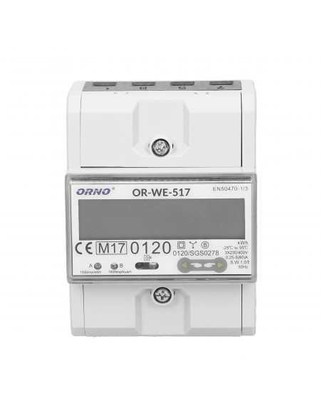 3-fazowy licznik energii elektrycznej, 80A, port RS-485, wielotaryfowy, 3 moduły, DIN TH-35mm