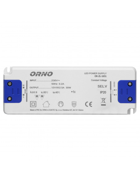 Zasilacz płaski do LED  12VDC 30W, IP20, wysokość 18mm