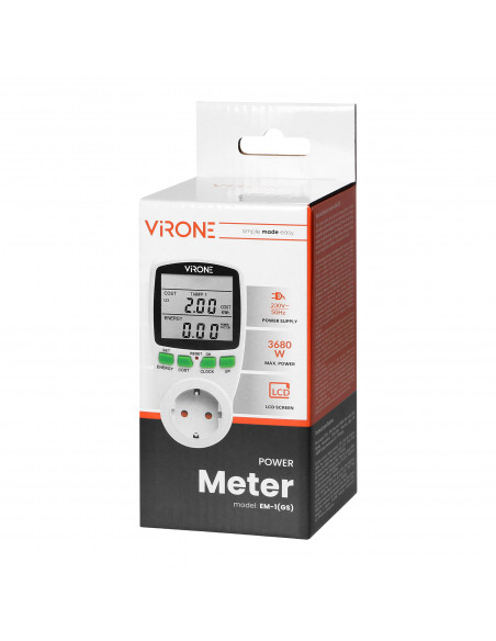  Dwutaryfowy watomierz, kalkulator energii z wyświetlaczem LCD, 2 oddzielne taryfy, wewnętrzny akumulator, wersja...