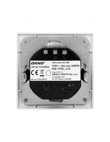 Gniazdo pojedyncze 2P+Z, USBx2, schuko