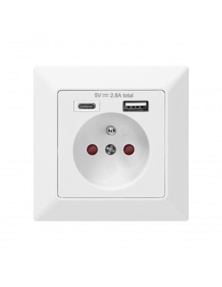 Gniazdo pojedyncze 2P+Z, USB-A + USB-C, wyjście 5VDC, max 2,8A