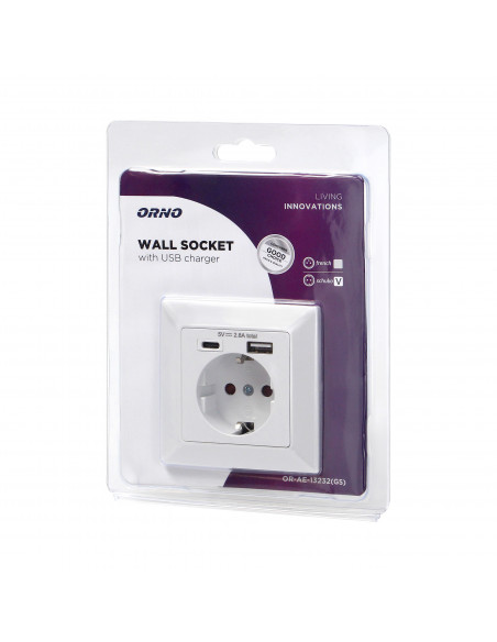 Gniazdo pojedyncze 2P+Z (Schuko), USB-A + USB-C, wyjście 5VDC, max 2,8A