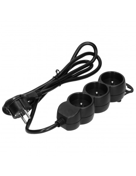 Przedłużacz 3-krotny 2P+Z, 1,5m H05VV-F 3x1,0mm² , Imax 10A, płaska wtyczka, czarny