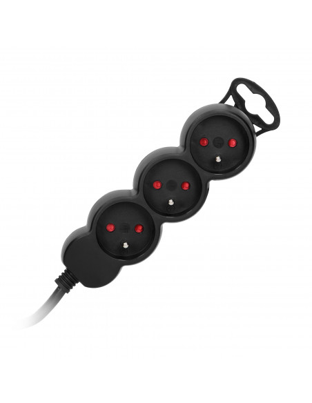 Przedłużacz 3-krotny 2P+Z, 1,5m H05VV-F 3x1,0mm² , Imax 10A, płaska wtyczka, czarny