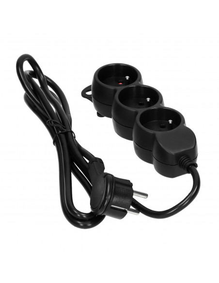 Przedłużacz 3-krotny 2P+Z, 3m H05VV-F 3x1,0mm², Imax 10A, płaska wtyczka, czarny