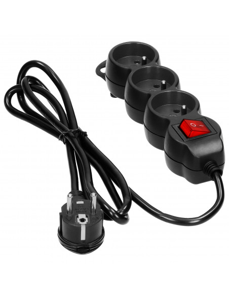 Przedłużacz 3-krotny 2P+Z, z wyłącznikiem, 3m H05VV-F 3x1,0mm², Imax 10A, płaska wtyczka, czarny