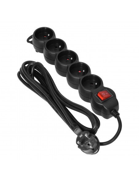 Przedłużacz 5-krotny 2P+Z, z wyłącznikiem, 3m H05VV-F 3x1,0mm², Imax 10A, płaska wtyczka, czarny