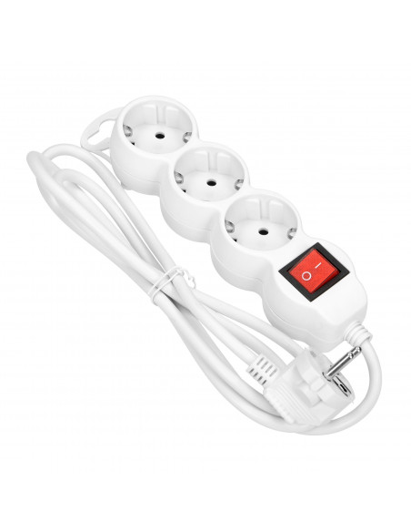 Przedłużacz 3-krotny 2P+Z (schuko) z wyłącznikiem, 1,5m H05VV-F 3x1,0mm², Imax 10A, biały
