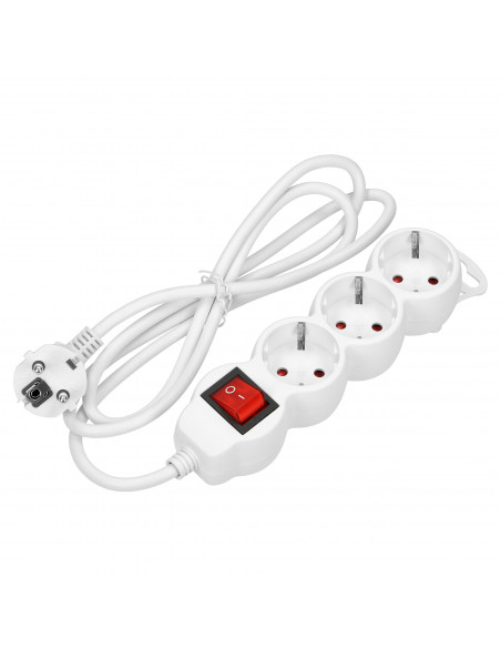 Przedłużacz 3-krotny 2P+Z (schuko), z wyłącznikiem, 3m H05VV-F 3x1,0mm², Imax 10A, biały