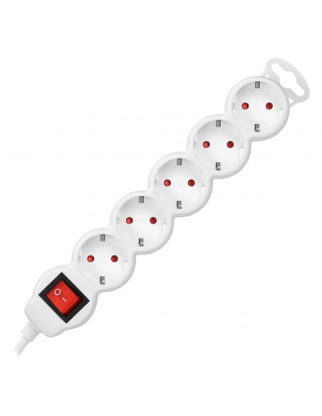 Przedłużacz 5-krotny 2P+Z (schuko) z wyłącznikiem, 1,5m H05VV-F 3x1,0mm², Imax 10A, biały