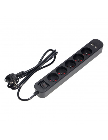  Listwa przeciwprzepięciowa, 5 gniazd 2P+Z, kabel 1,5m, z wyłącznikiem podświetlanym dwutorowym. 10A/230 VAC,...