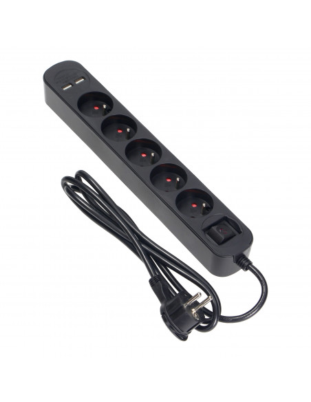  Listwa przeciwprzepięciowa, 5 gniazd 2P+Z, kabel 1,5m, z wyłącznikiem podświetlanym dwutorowym. 10A/230 VAC,...