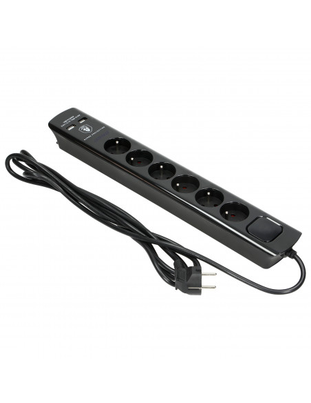  Listwa przeciwprzepięciowa, 6 gniazd 2P+Z, kabel 3x1,0mm², długość 3m, czarna, 10A/230 VAC, z ochronnikiem...
