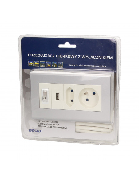 Przedłużacz biurkowy z wyłącznikiem i ładowarką, 1x2P+Z, 1x2P/II, 1xUSB, przewód 1,5m 3x1mm