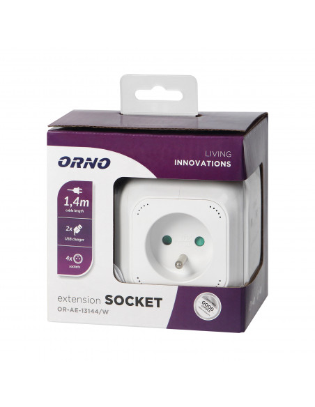 Przedłużacz 4 krotny 2P+Z, ładowarka 2xUSB, 1,4m H05VV-F 3x1mm2, biały