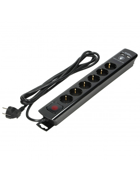  Listwa przeciwprzepięciowa, 6 gniazd 2P+Z (Schuko), kabel 3x1,0mm², długość 3m, czarna, 10A/230 VAC, z ochronnikiem...
