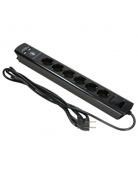  Listwa przeciwprzepięciowa, 6 gniazd 2P+Z (Schuko), kabel 3x1,0mm², długość 3m, czarna, 10A/230 VAC, z ochronnikiem...