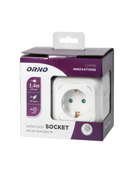 Przedłużacz 4 krotny 2P+Z (Schuko), ładowarka 2xUSB, 1,4m H05VV-F 3x1,5mm2, biały