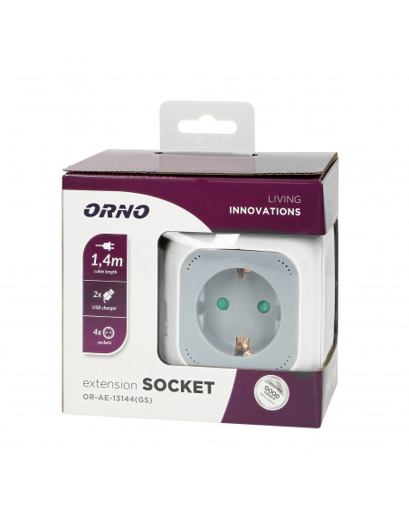 Przedłużacz 4 krotny 2P+Z (schuko), ładowarka 2xUSB, 1,4m H05VV-F 3x1,5mm², szaro-biały